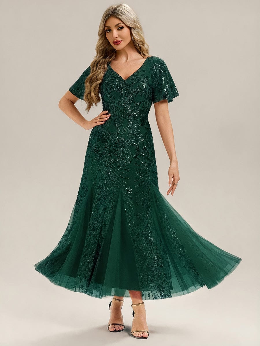Embroidered Sequin Ruffle Sleeve Evening Dress #color_Dark Green