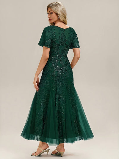 Embroidered Sequin Ruffle Sleeve Evening Dress #color_Dark Green