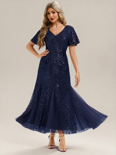Embroidered Sequin Ruffle Sleeve Evening Dress #color_Navy Blue