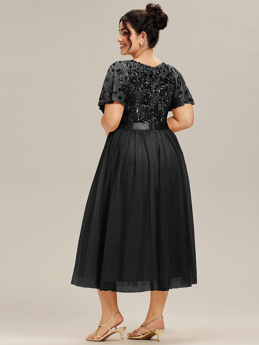Deep V-Neck Sequin Ruffle Sleeve Evening Dress #color_Black