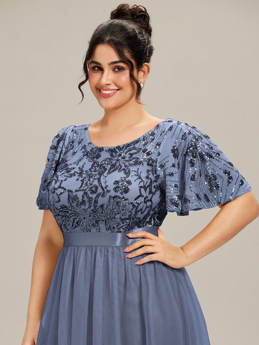 Deep V-Neck Sequin Ruffle Sleeve Evening Dress #color_Dusty Blue