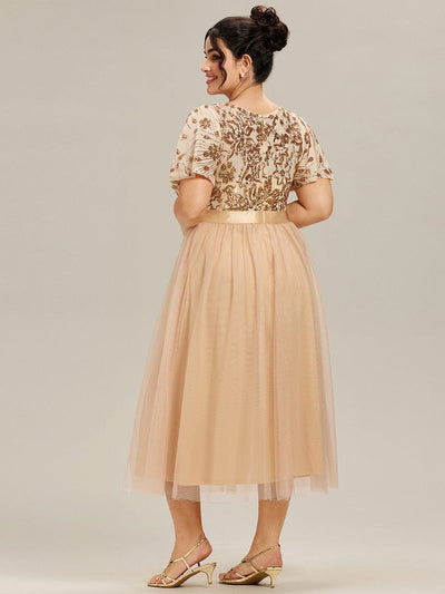 Deep V-Neck Sequin Ruffle Sleeve Evening Dress #color_Gold