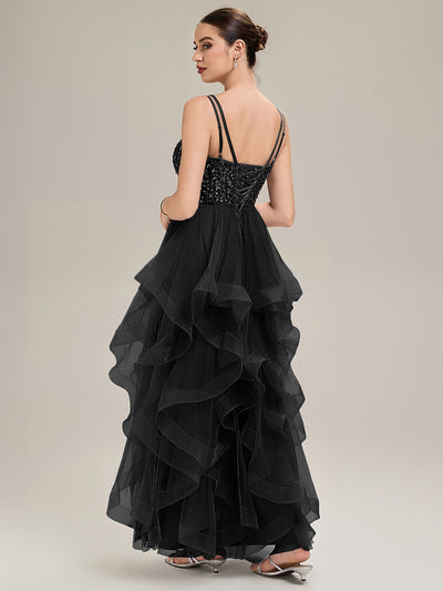Tie-Front Mesh Sleeveless Evening Dress #color_Black