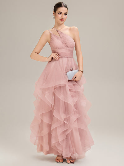 Pleated Mesh Sleeveless Evening Dress #color_Pink