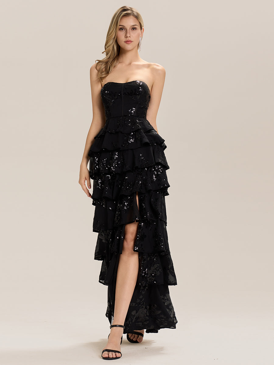 Tie-Front Sequin Sleeveless Evening Dress #color_Black