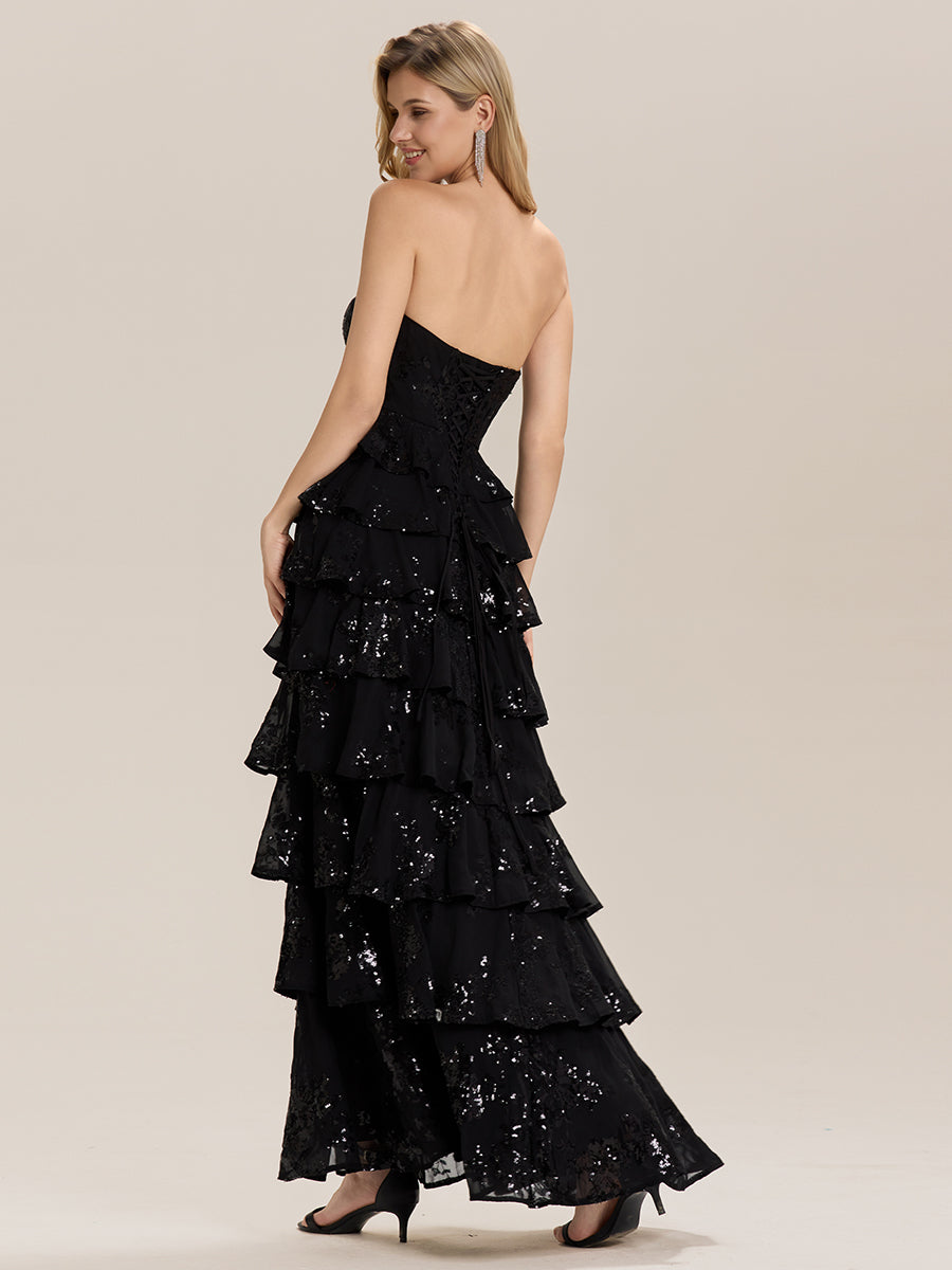 Tie-Front Sequin Sleeveless Evening Dress #color_Black