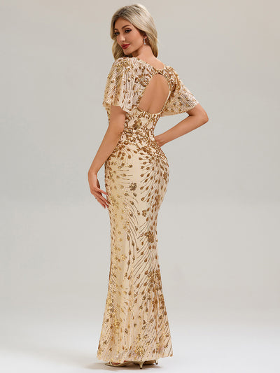 Backless Sequin Ruffle Sleeve Evening Dress #color_Gold