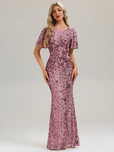 Backless Sequin Ruffle Sleeve Evening Dress #color_Purple Orchid