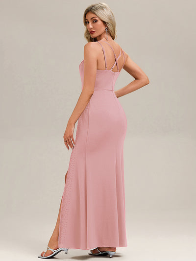 Thigh-High Slit Knit Sleeveless Evening Dress #color_Dusty Rose