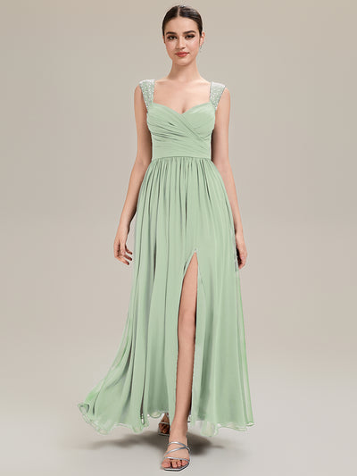 Gathered Chiffon Sleeveless Evening Dress #color_Mint Green