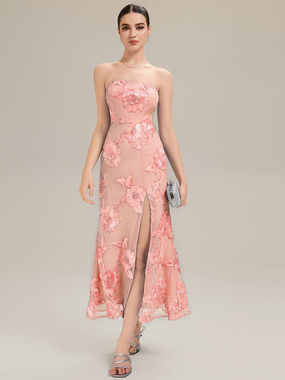 Thigh-High Slit Mesh Sleeveless Evening Dress #color_Pink