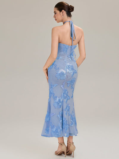 Floral Mesh Sleeveless Evening Dress #color_Ice Blue