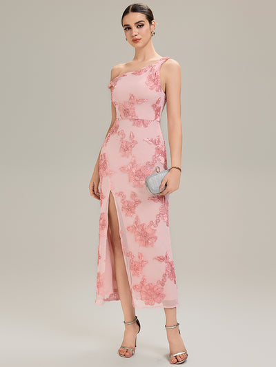 Flowing Ribbons Mesh Sleeveless Evening Dress #color_Pink