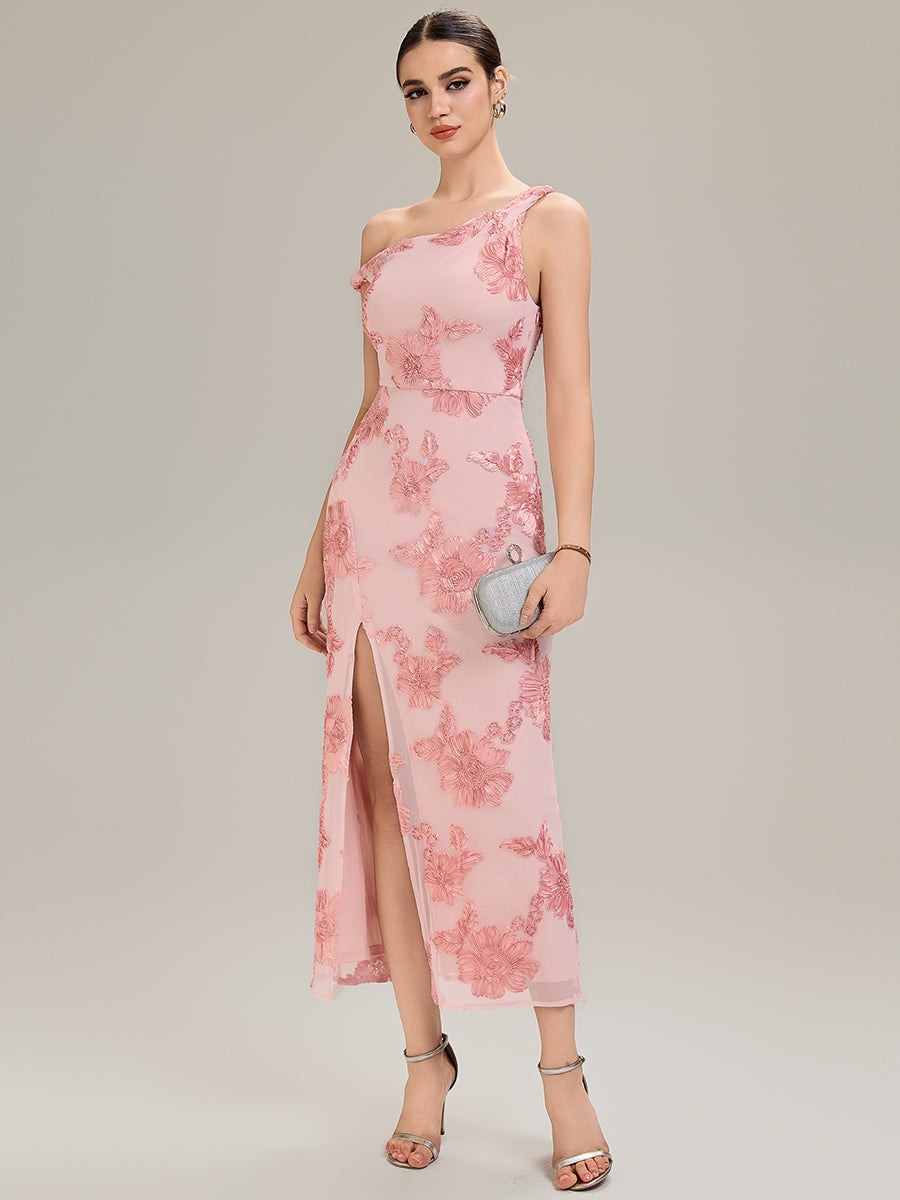 Flowing Ribbons Mesh Sleeveless Evening Dress #color_Pink