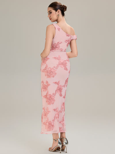Flowing Ribbons Mesh Sleeveless Evening Dress #color_Pink