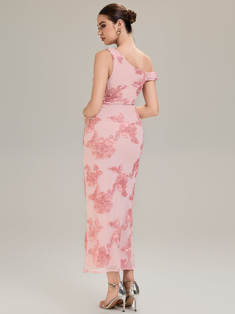 Flowing Ribbons Mesh Sleeveless Evening Dress #color_Pink
