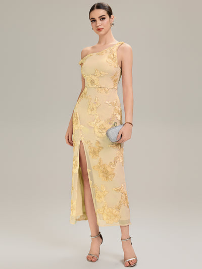 Flowing Ribbons Mesh Sleeveless Evening Dress #color_Yellow