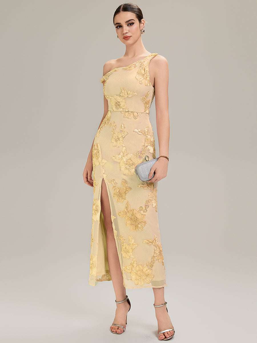 Flowing Ribbons Mesh Sleeveless Evening Dress #color_Yellow