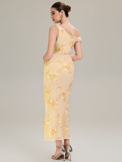 Flowing Ribbons Mesh Sleeveless Evening Dress #color_Yellow