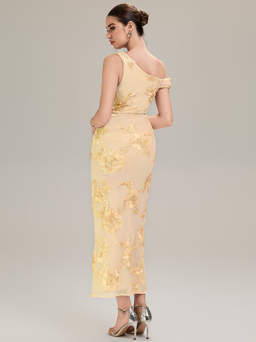 Flowing Ribbons Mesh Sleeveless Evening Dress #color_Yellow