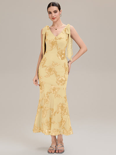 Flowing Ribbons Mesh Sleeveless Evening Dress #color_Yellow