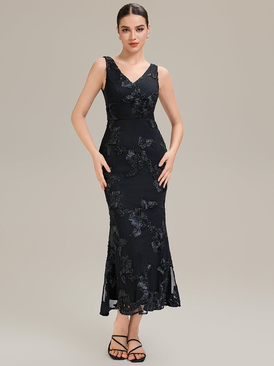 Floral Mesh Sleeveless Evening Dress #color_Black