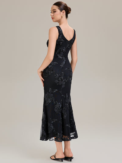Floral Mesh Sleeveless Evening Dress #color_Black