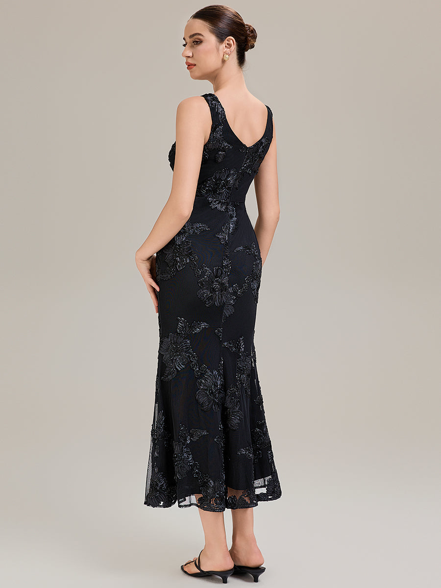 Floral Mesh Sleeveless Evening Dress #color_Black