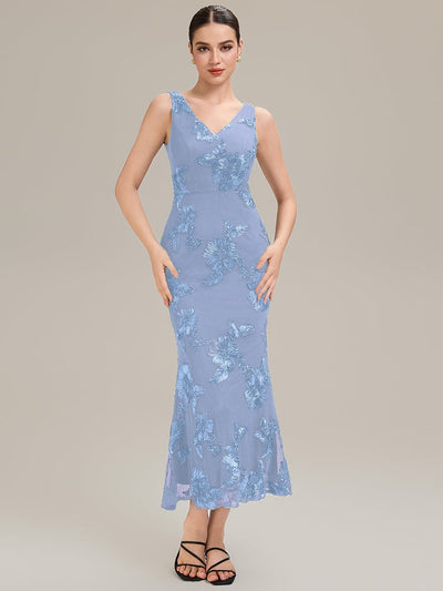 Deep V-Neck Knit Sleeveless Evening Dress #color_Ice Blue