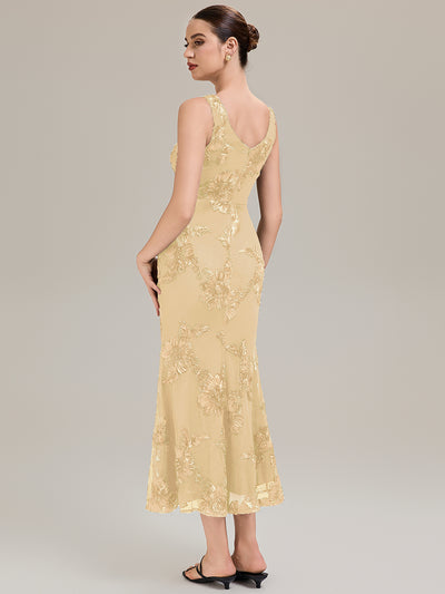 Deep V-Neck Knit Sleeveless Evening Dress #color_Yellow