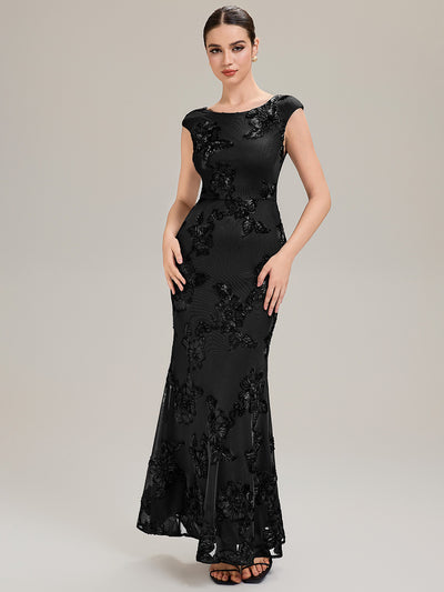 Knit Sleeveless Mermaid Evening Dress #color_Black