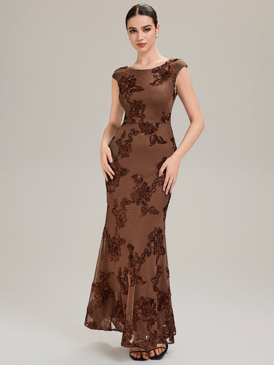 Knit Sleeveless Mermaid Evening Dress #color_Brown