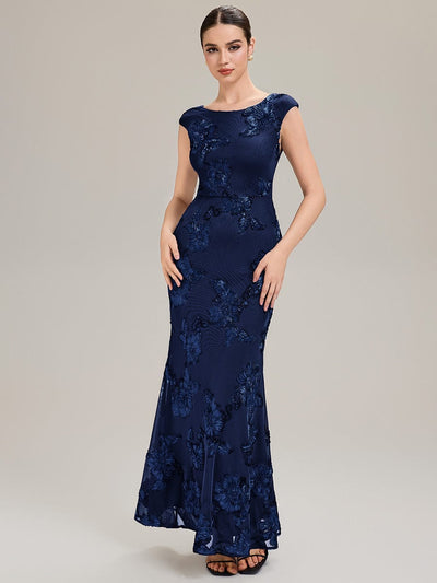 Knit Sleeveless Mermaid Evening Dress #color_Navy Blue