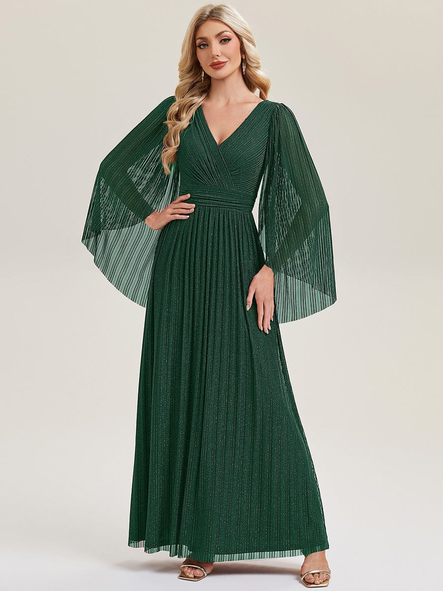 Deep V-Neck Mesh Batwing Sleeve Evening Dress #color_Dark Green