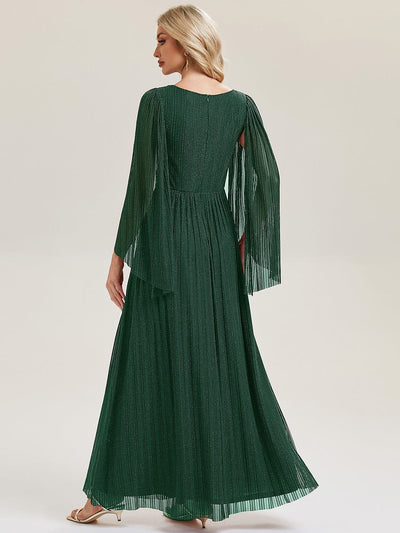 Deep V-Neck Mesh Batwing Sleeve Evening Dress #color_Dark Green