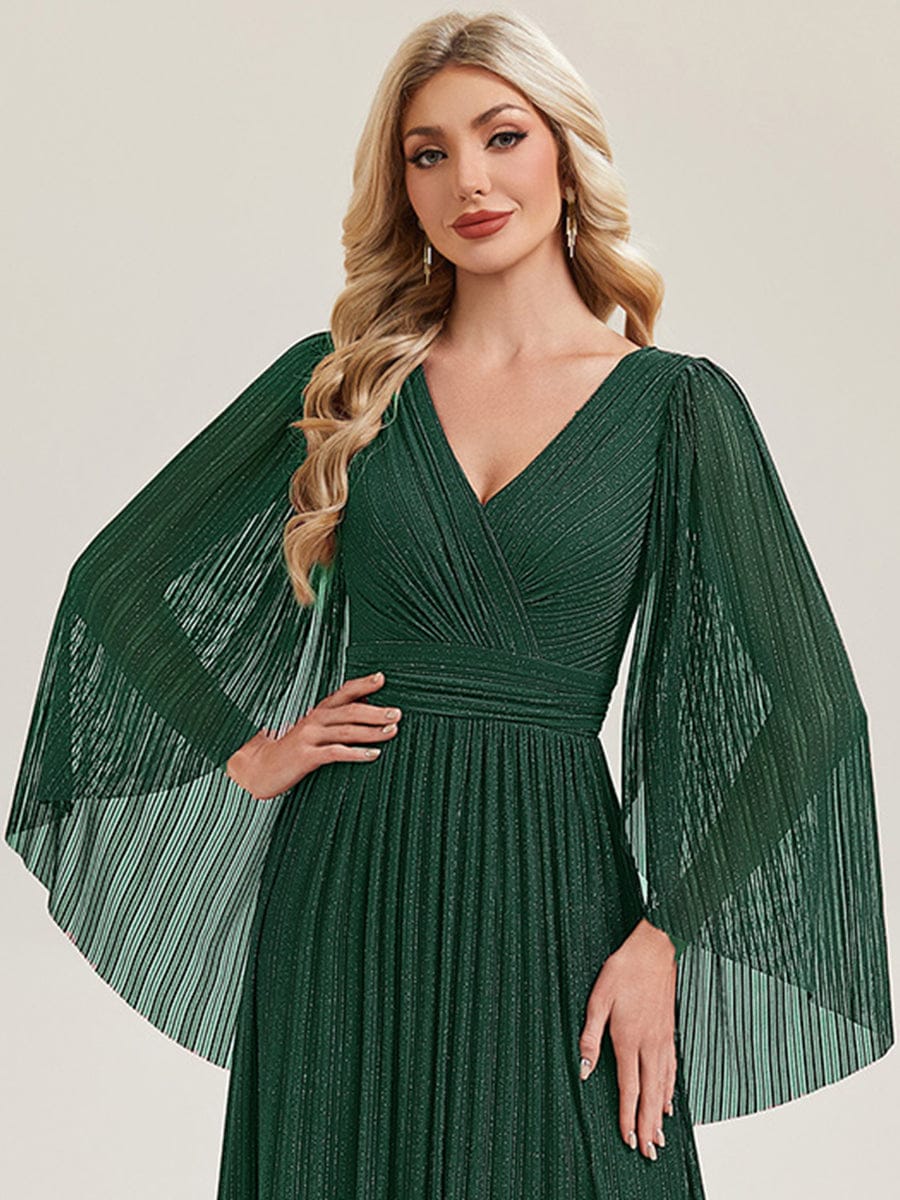 Deep V-Neck Mesh Batwing Sleeve Evening Dress #color_Dark Green