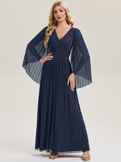 Deep V-Neck Mesh Batwing Sleeve Evening Dress #color_Navy Blue