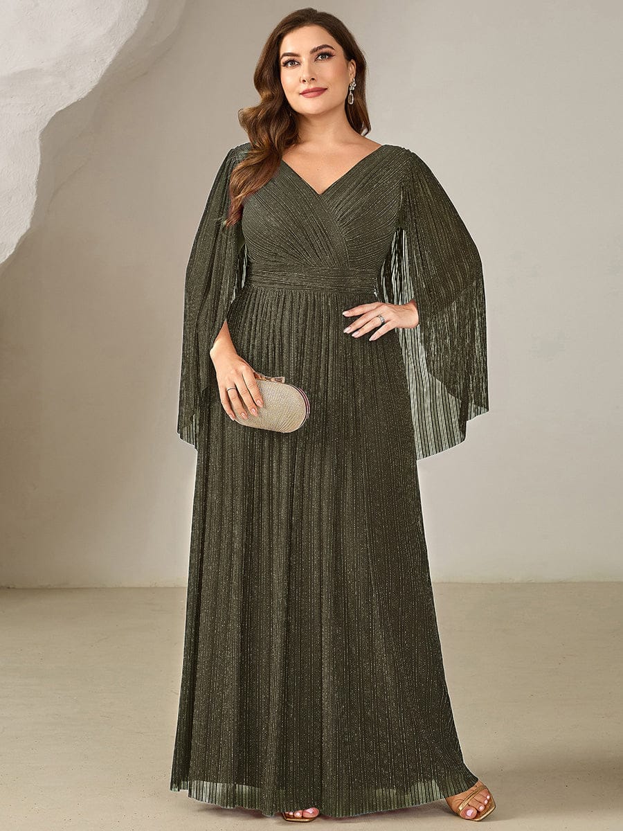 Deep V-Neck Mesh Batwing Sleeve Evening Dress #color_Olive Green