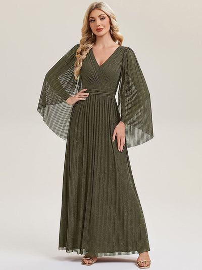 Deep V-Neck Mesh Batwing Sleeve Evening Dress #color_Olive Green