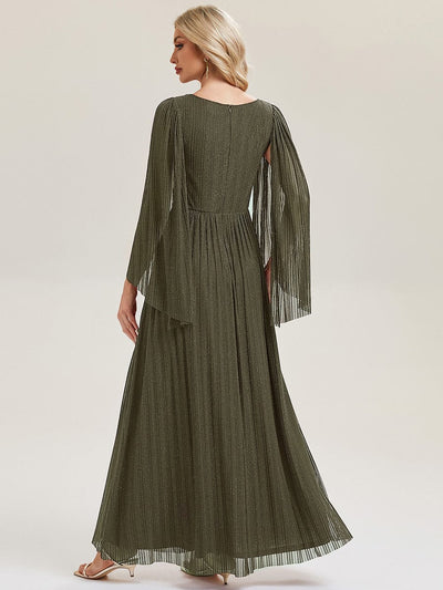 Deep V-Neck Mesh Batwing Sleeve Evening Dress #color_Olive Green