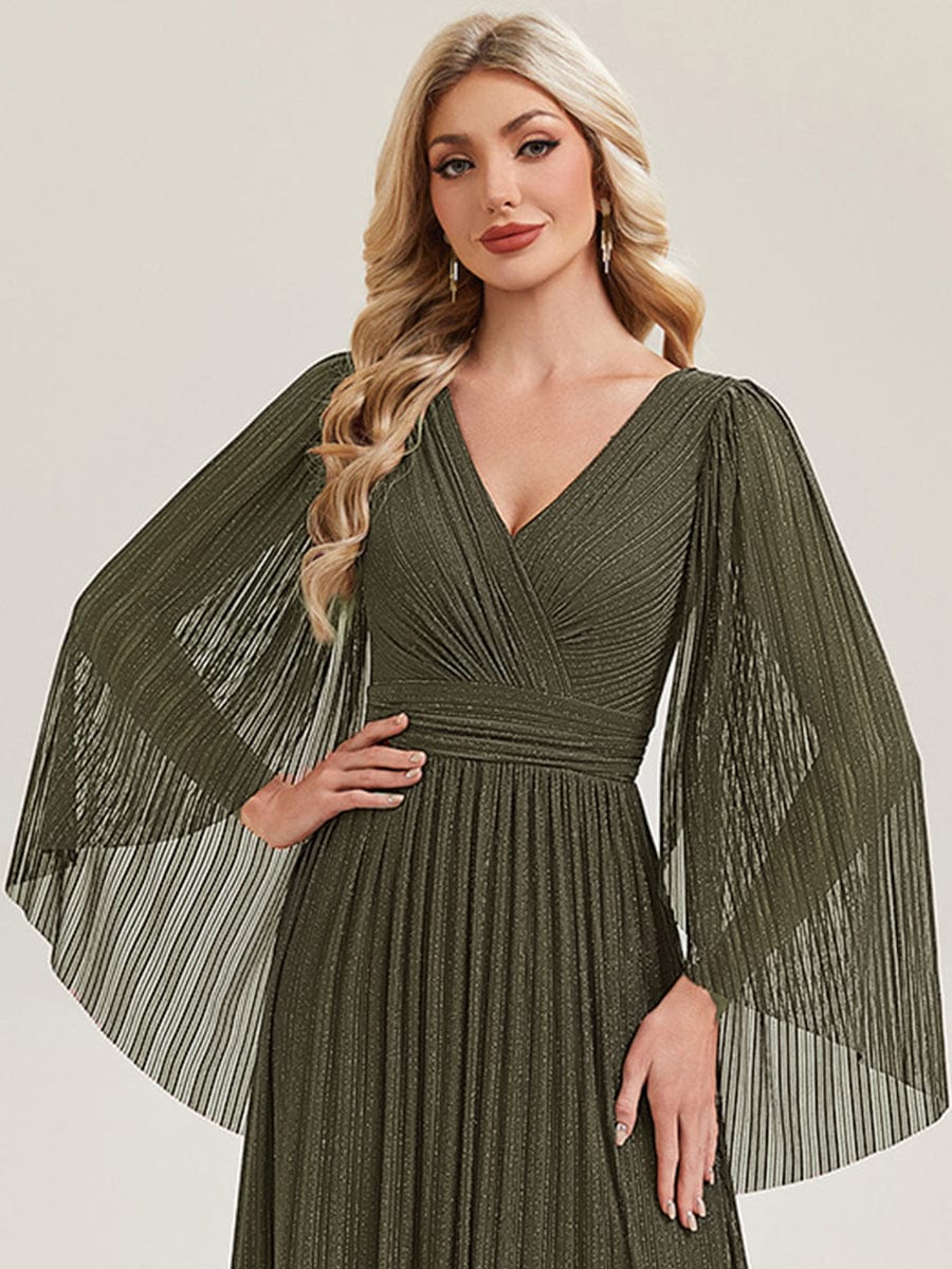 Deep V-Neck Mesh Batwing Sleeve Evening Dress #color_Olive Green