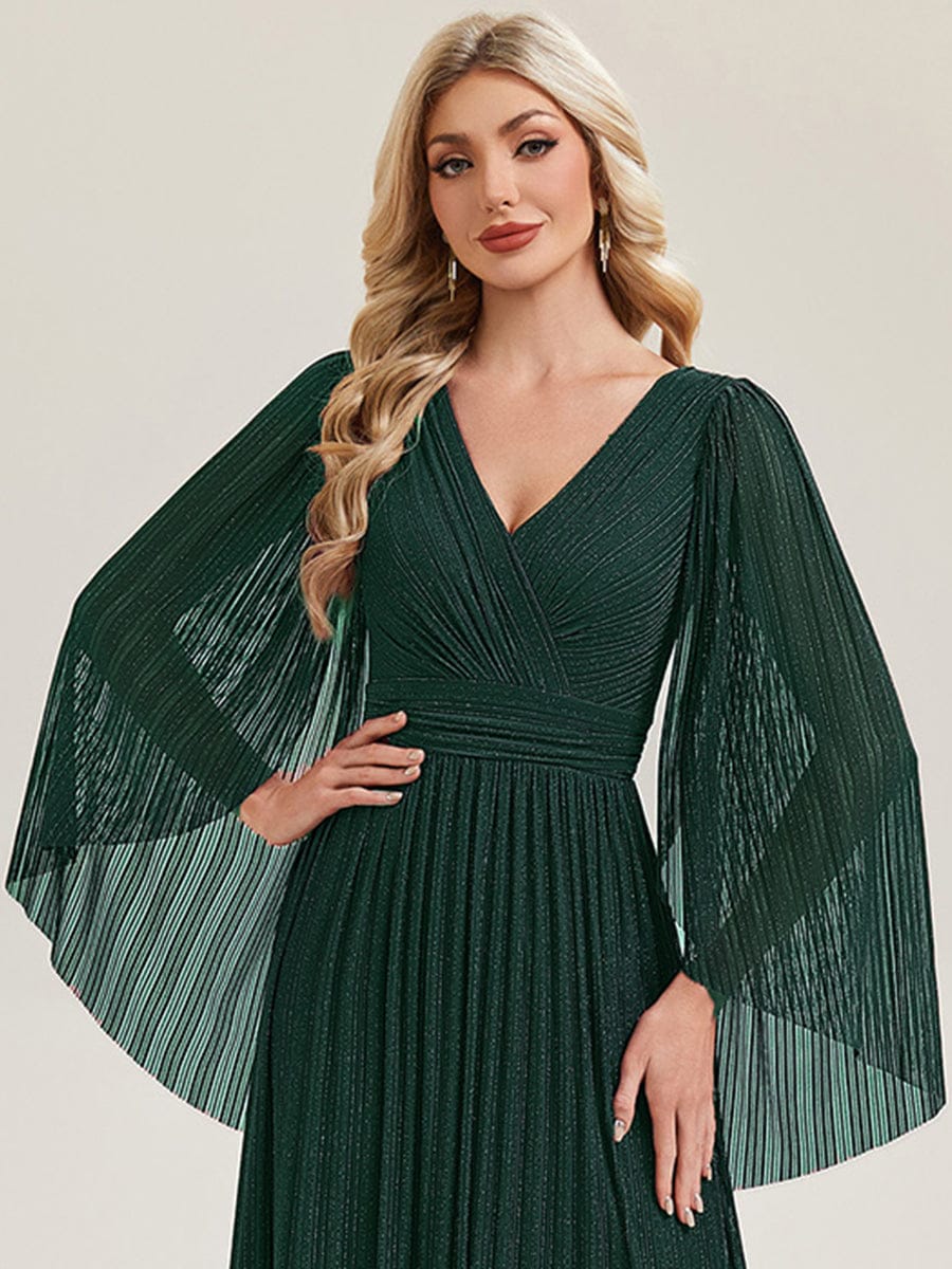 Deep V-Neck Mesh Batwing Sleeve Evening Dress #color_Teal