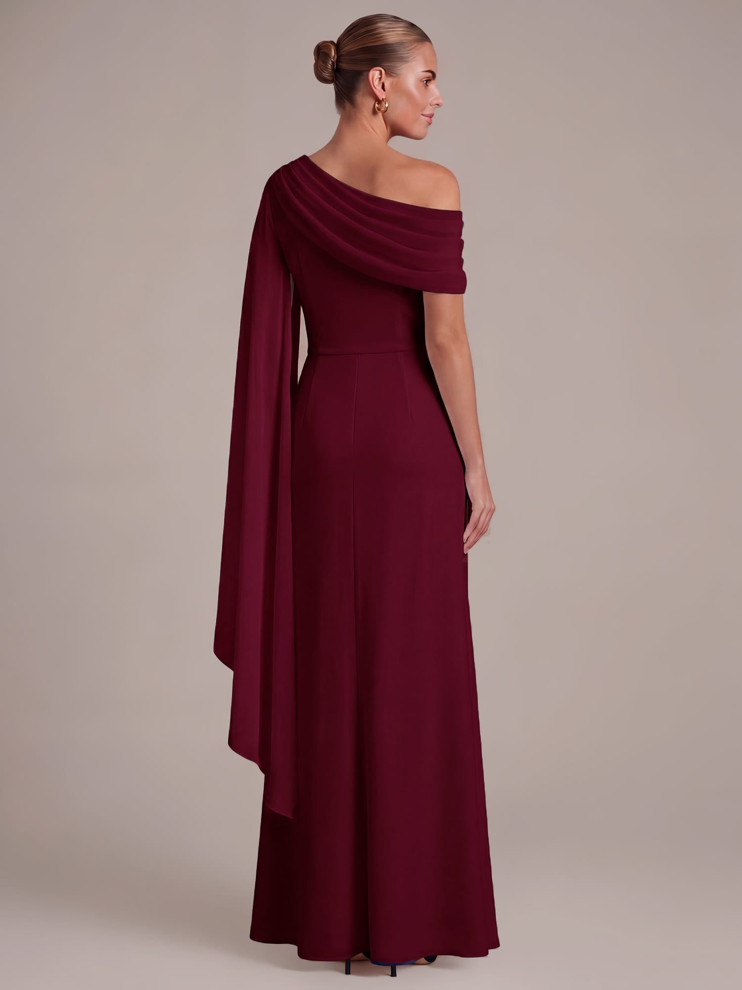 Pleated Knit Cape Sleeve Dress #color_Burgundy