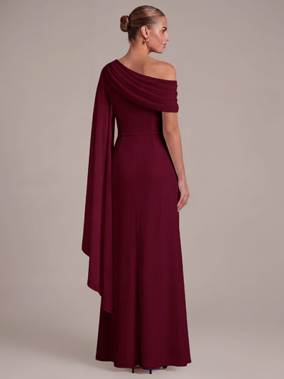 Pleated Knit Cape Sleeve Dress #color_Burgundy