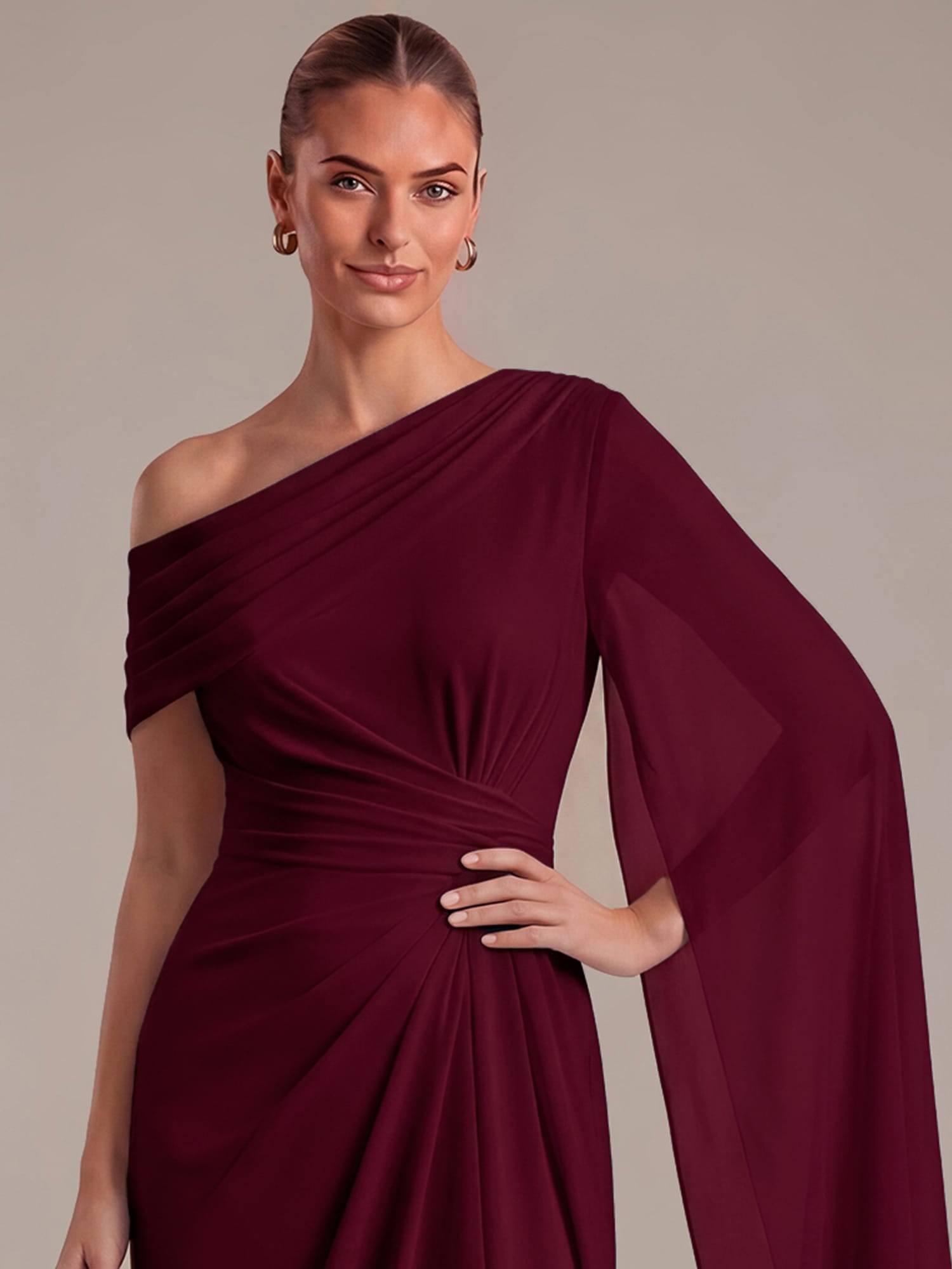 Pleated Knit Cape Sleeve Dress #color_Burgundy