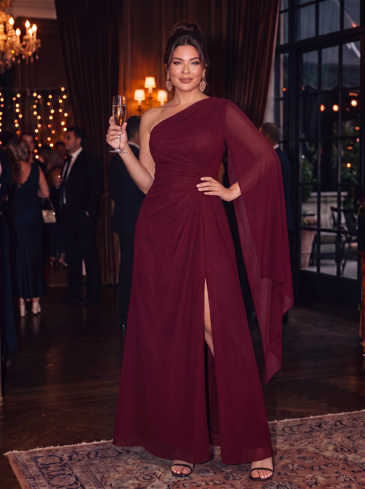 Pleated Knit Cape Sleeve Dress #color_Burgundy
