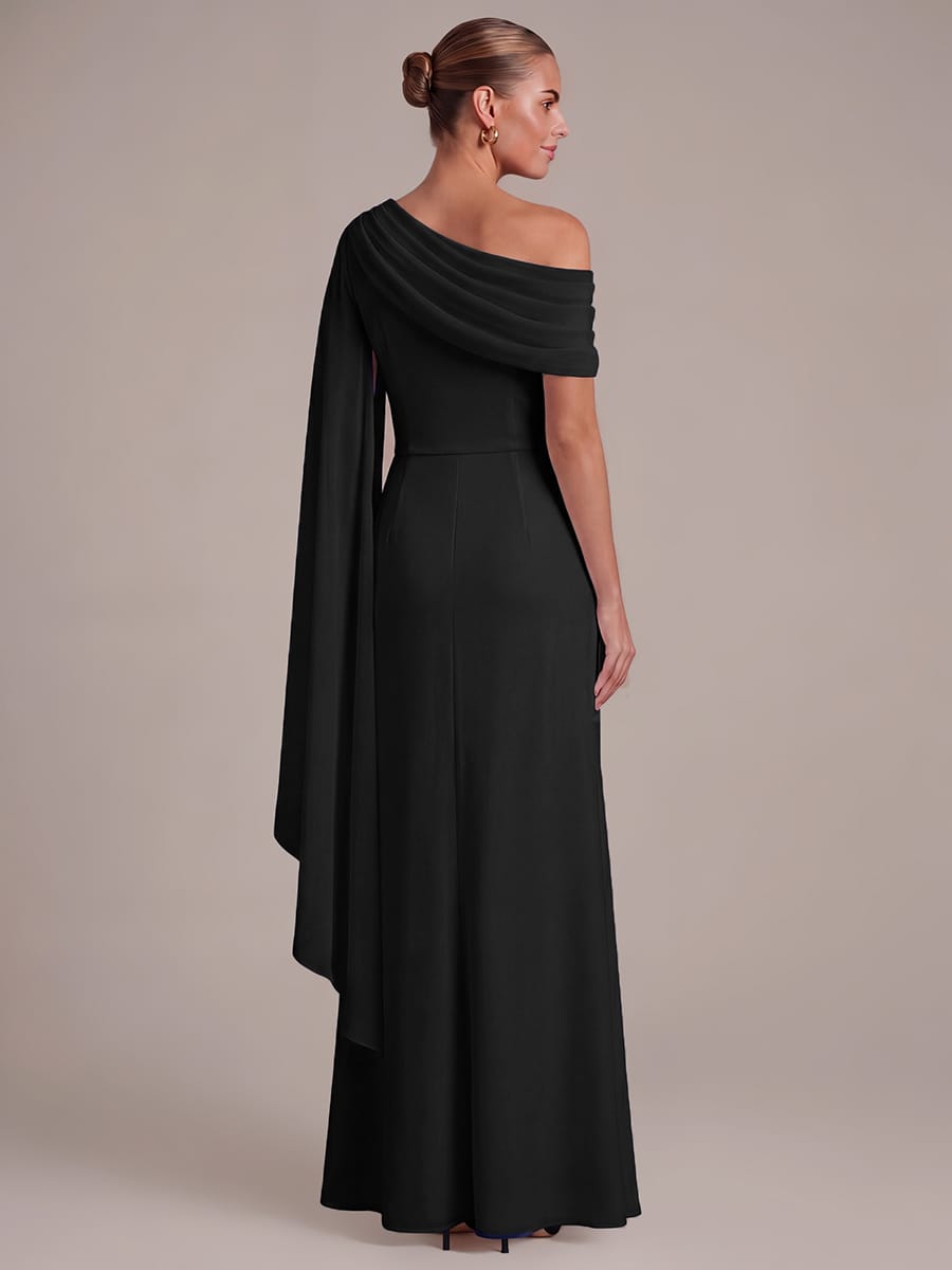 Pleated Knit Cape Sleeve Dress #color_Black