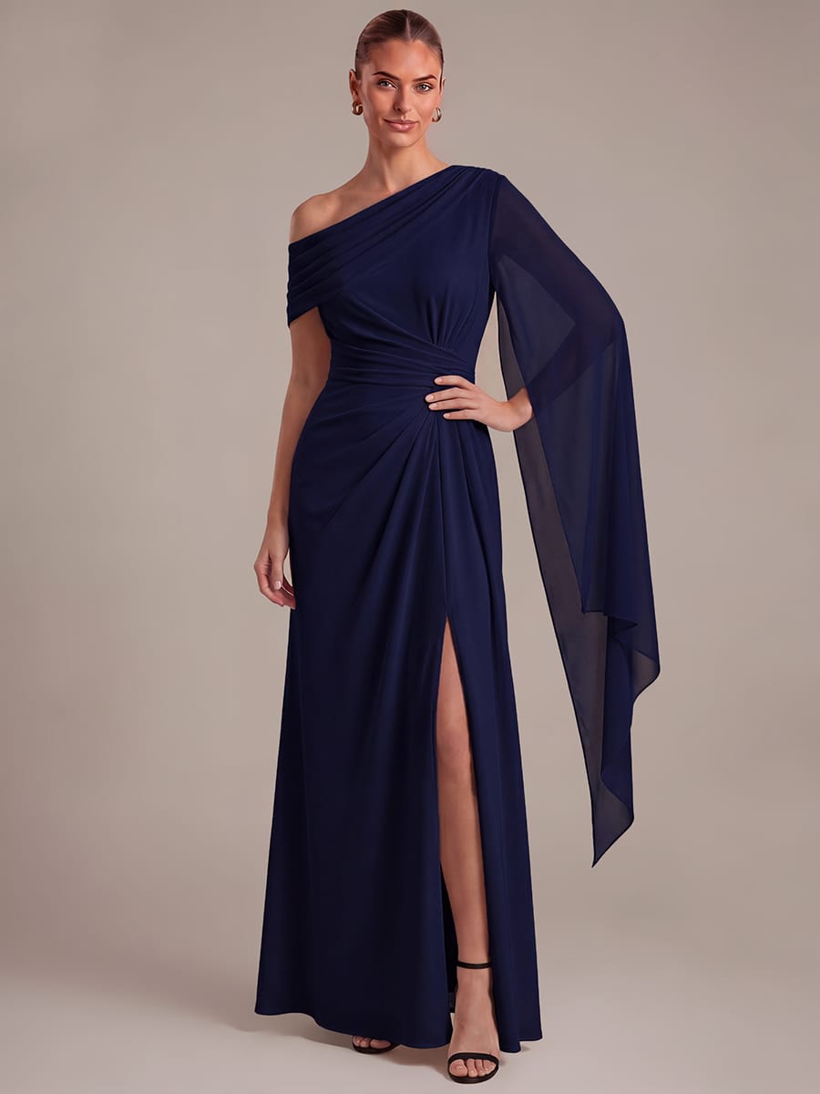 Pleated Knit Cape Sleeve Dress #color_Navy Blue