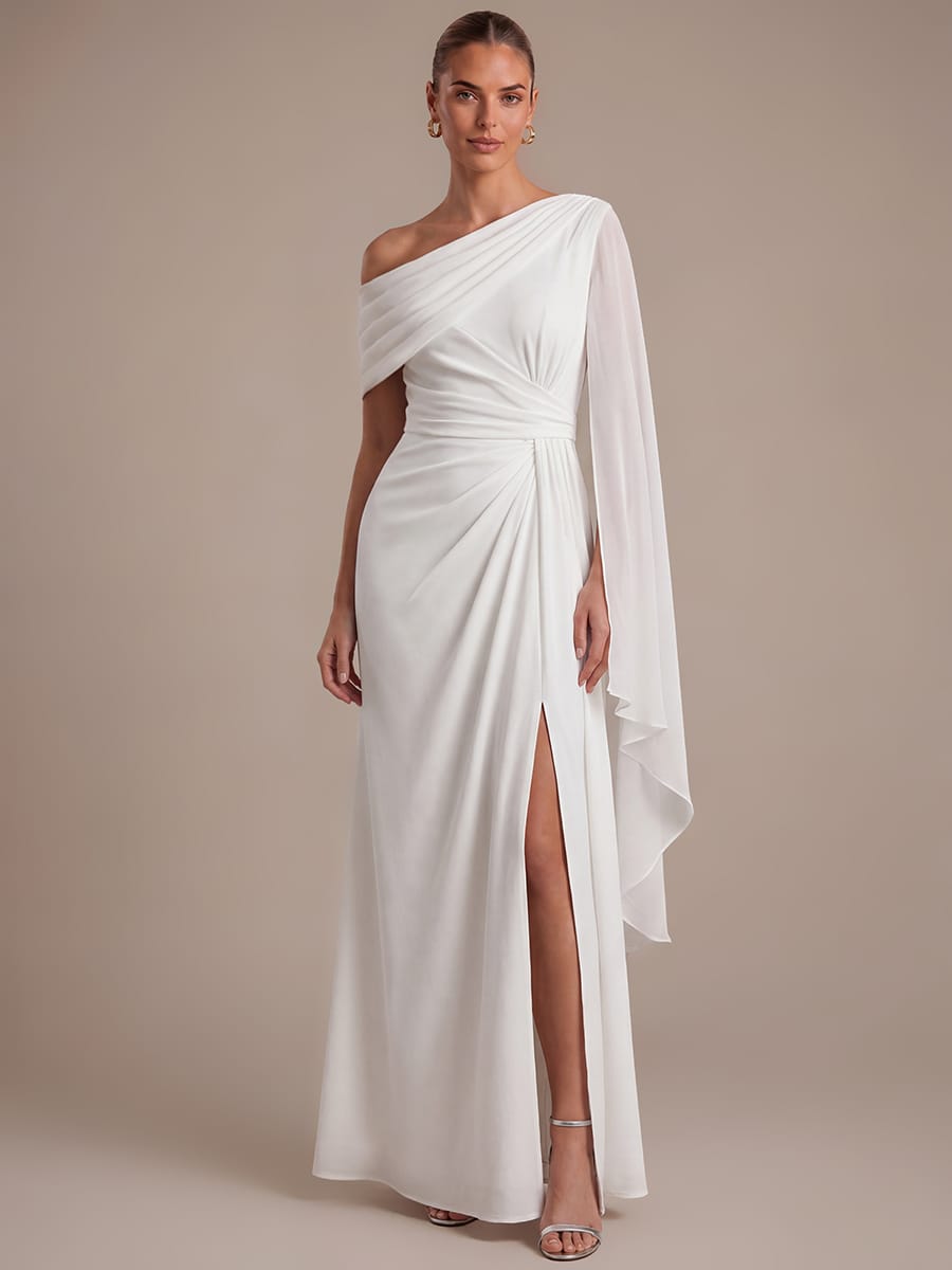 Pleated Knit Cape Sleeve Dress #color_White