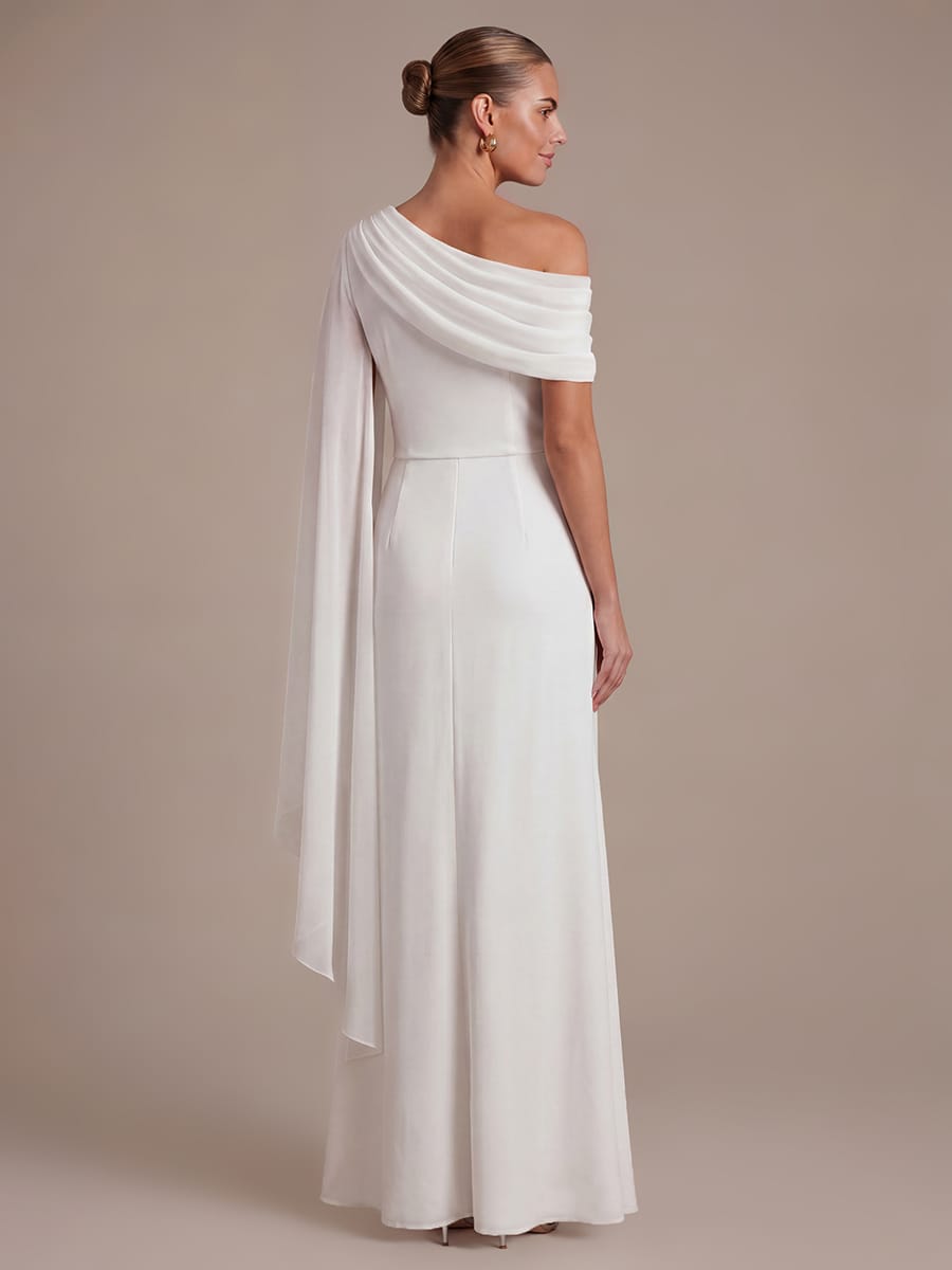 Pleated Knit Cape Sleeve Dress #color_White
